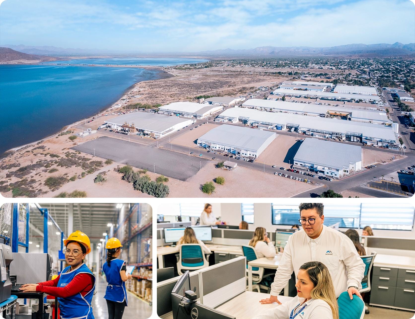 Aerial coastal view of Tetakawi's Bella Vista Campus in Empalme, Sonora, with photos of team members at work | Tetakawi