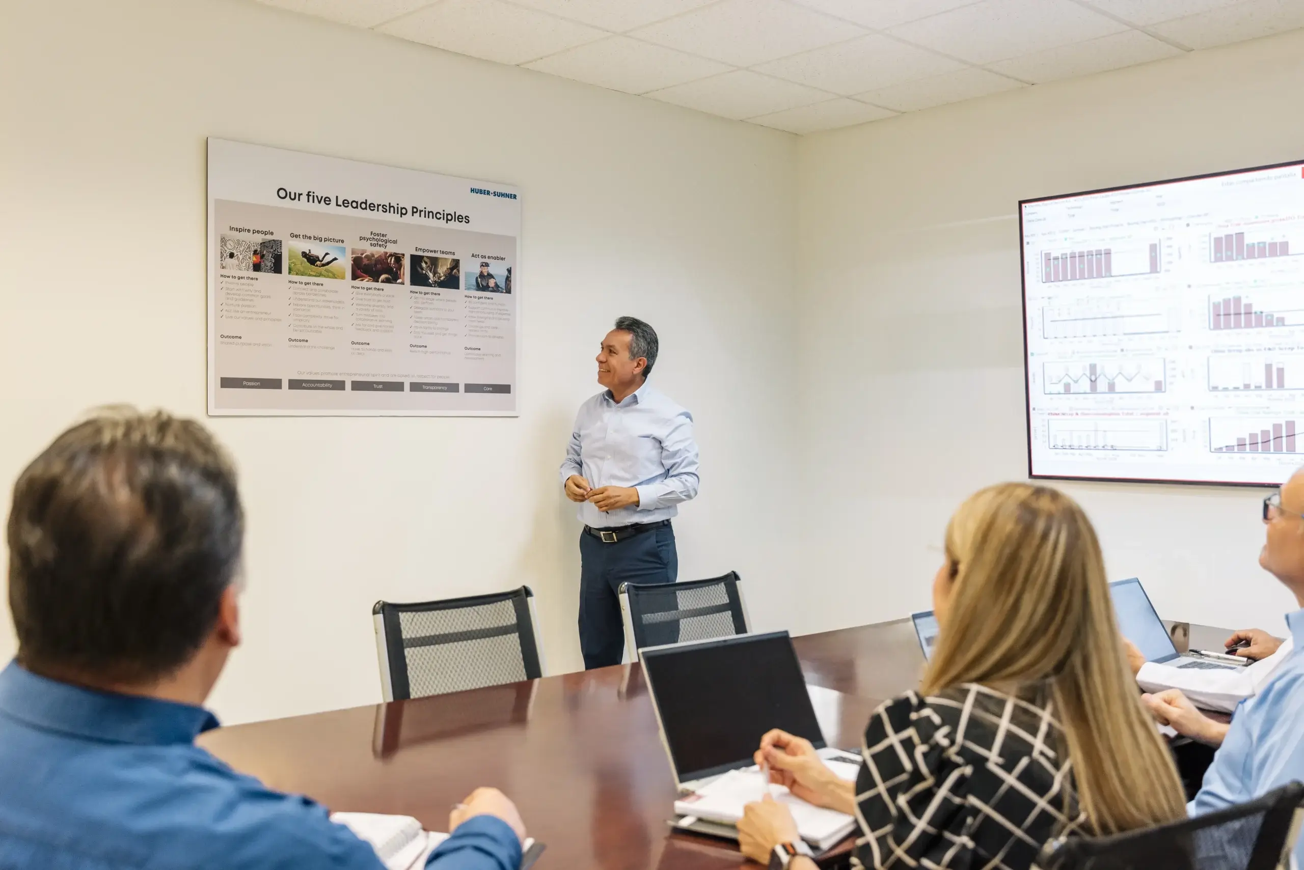 Manager presents HUBER+SUHNER leadership principles to his team in a conference room in Empalme, Mexico | Tetakawi