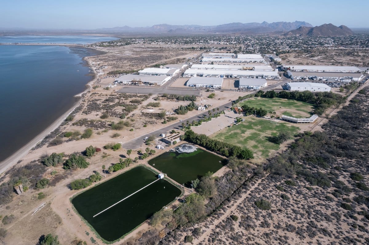 Aerial view of a Tetakawi Manufacturing Campus with on-site water retention infrastructure in Guaymas, Mexico | Tetakawi