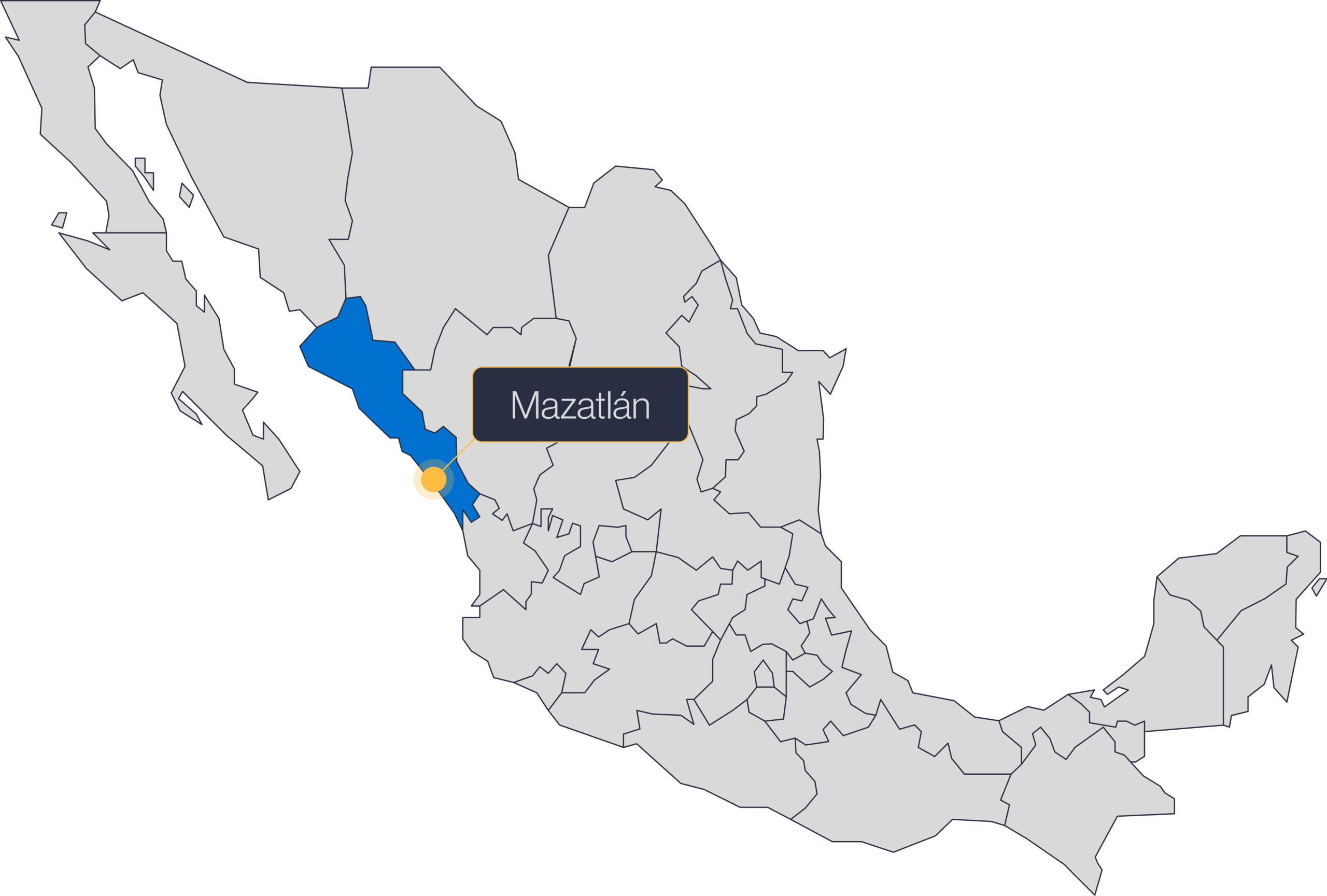 Map of Mexico highlighting Sinaloa and Mazatlán, home of the Mazatlán Manufacturing Campus | Tetakawi