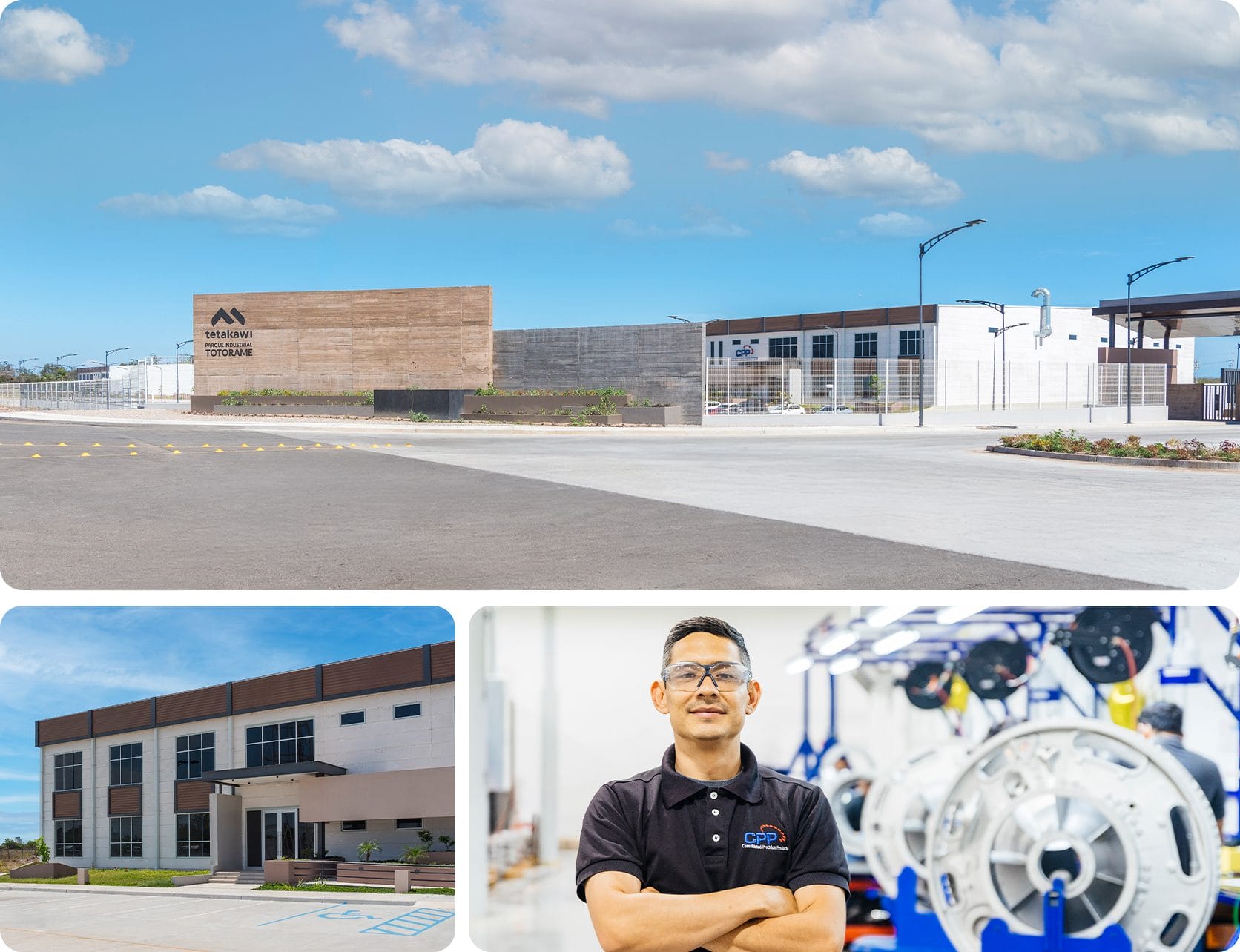 Entrance sign for Tetakawi's Totorame Industrial Park in Mazatlán, Sinaloa, alongside a Campus building and a Consolidated Precision Products employee on the production floor. | Tetakawi