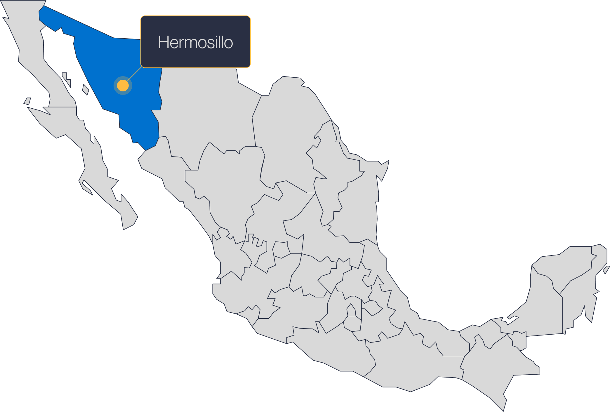 Map of Mexico highlighting Sonora and Hermosillo, home of the Rio Sonora Manufacturing Campus | Tetakawi