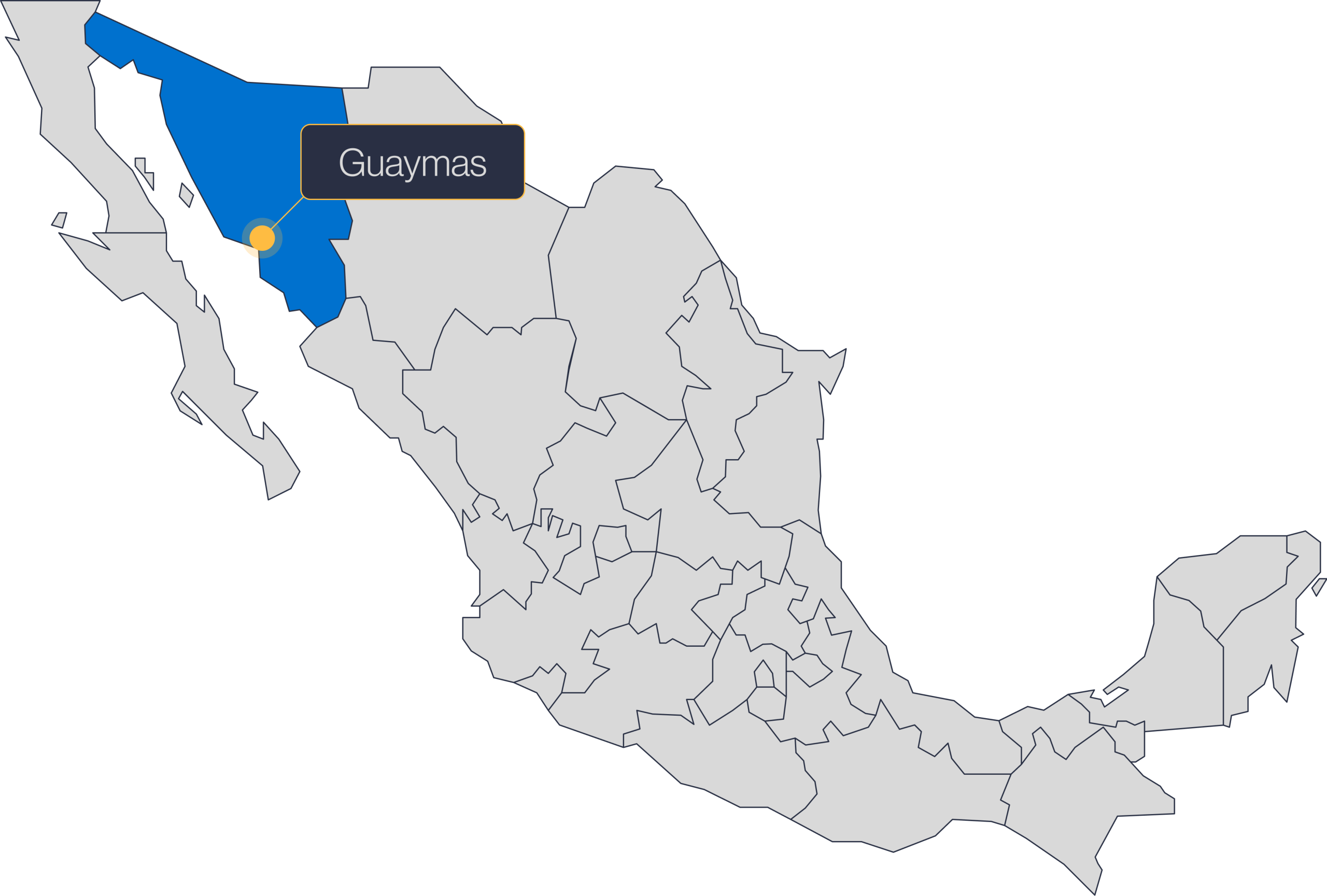 Map of Mexico highlighting Sonora and Guaymas, home of the Roca Fuerte Manufacturing Campus | Tetakawi