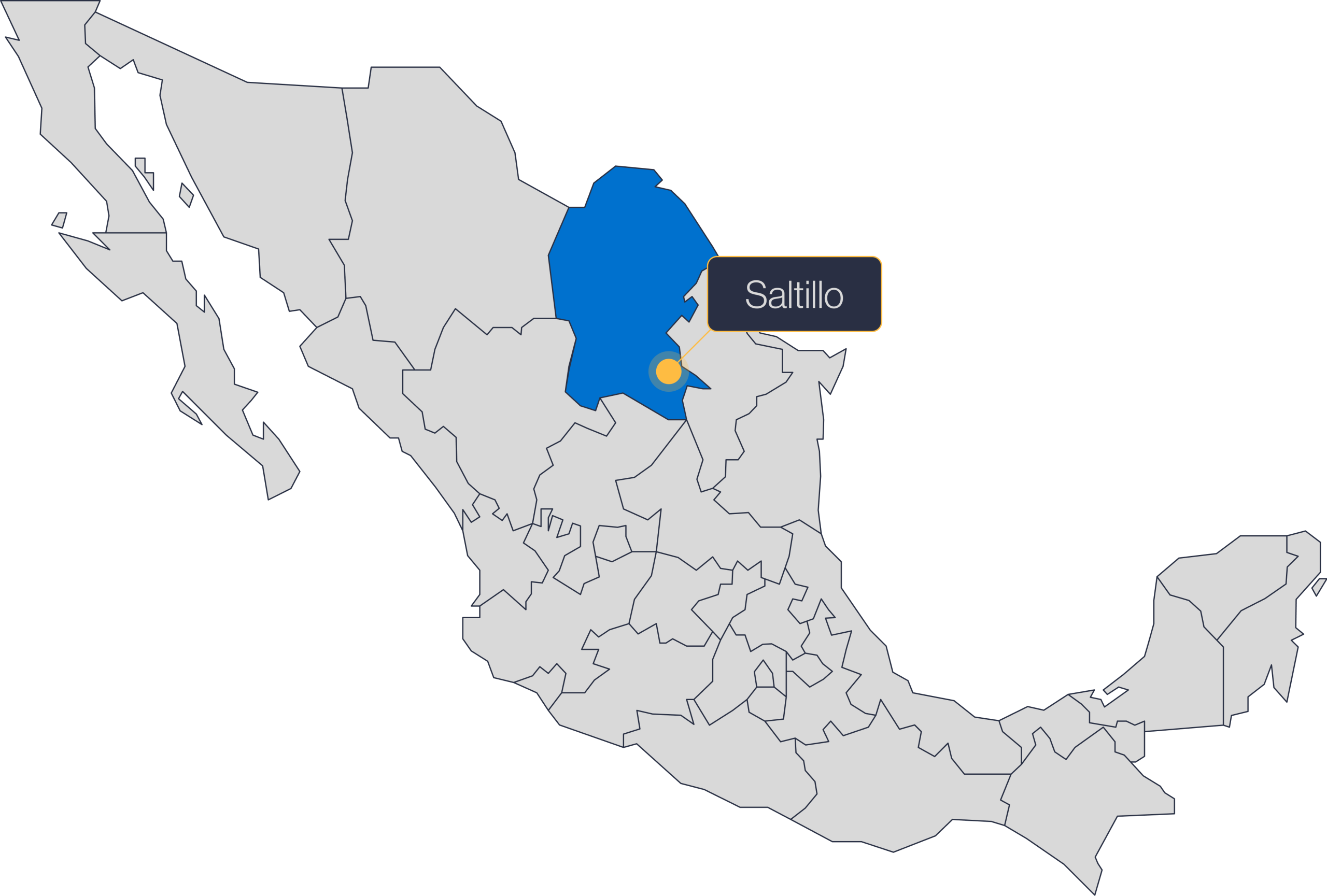 Map of Mexico highlighting Coahuila and Saltillo, home of the Zapa Manufacturing Campus | Tetakawi