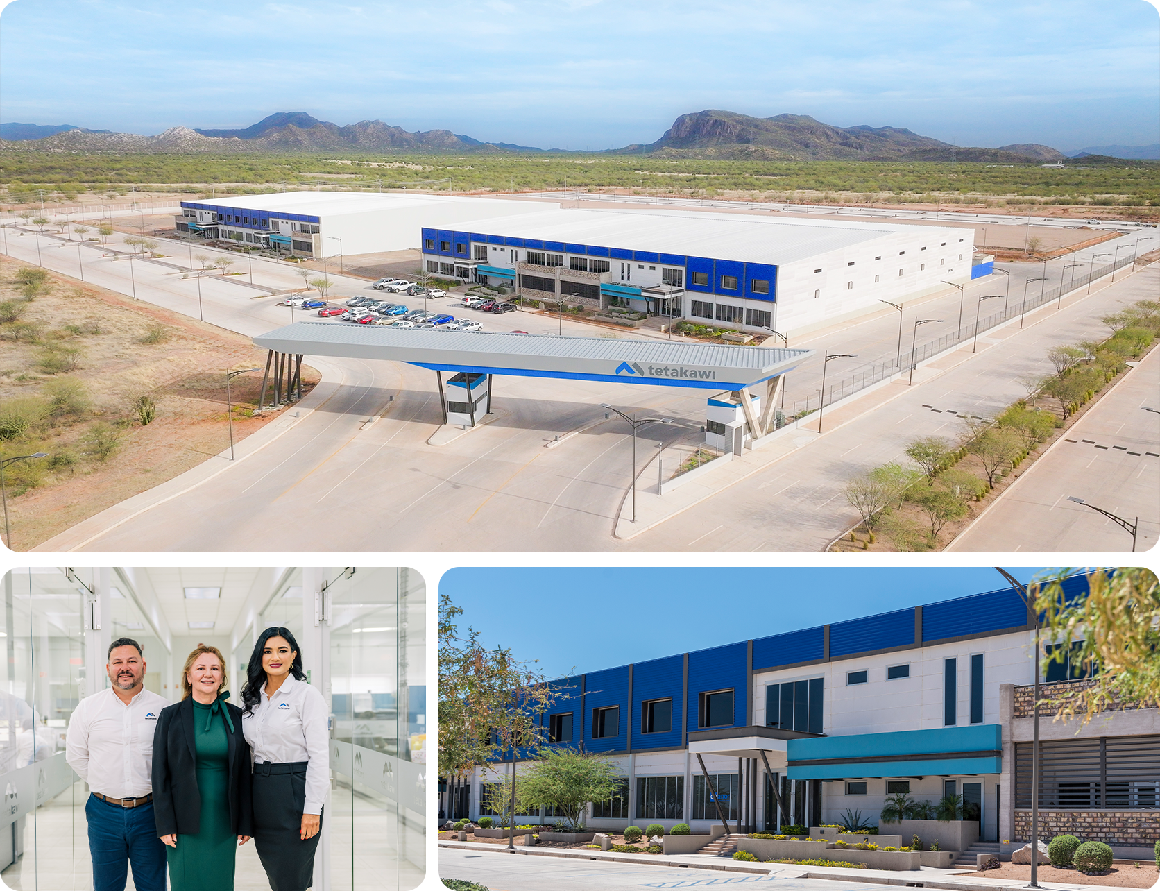 Aerial view of Tetakawi's Rio Sonora Campus in Hermosillo, Sonora, with photos of the on-site team and a building | Tetakawi