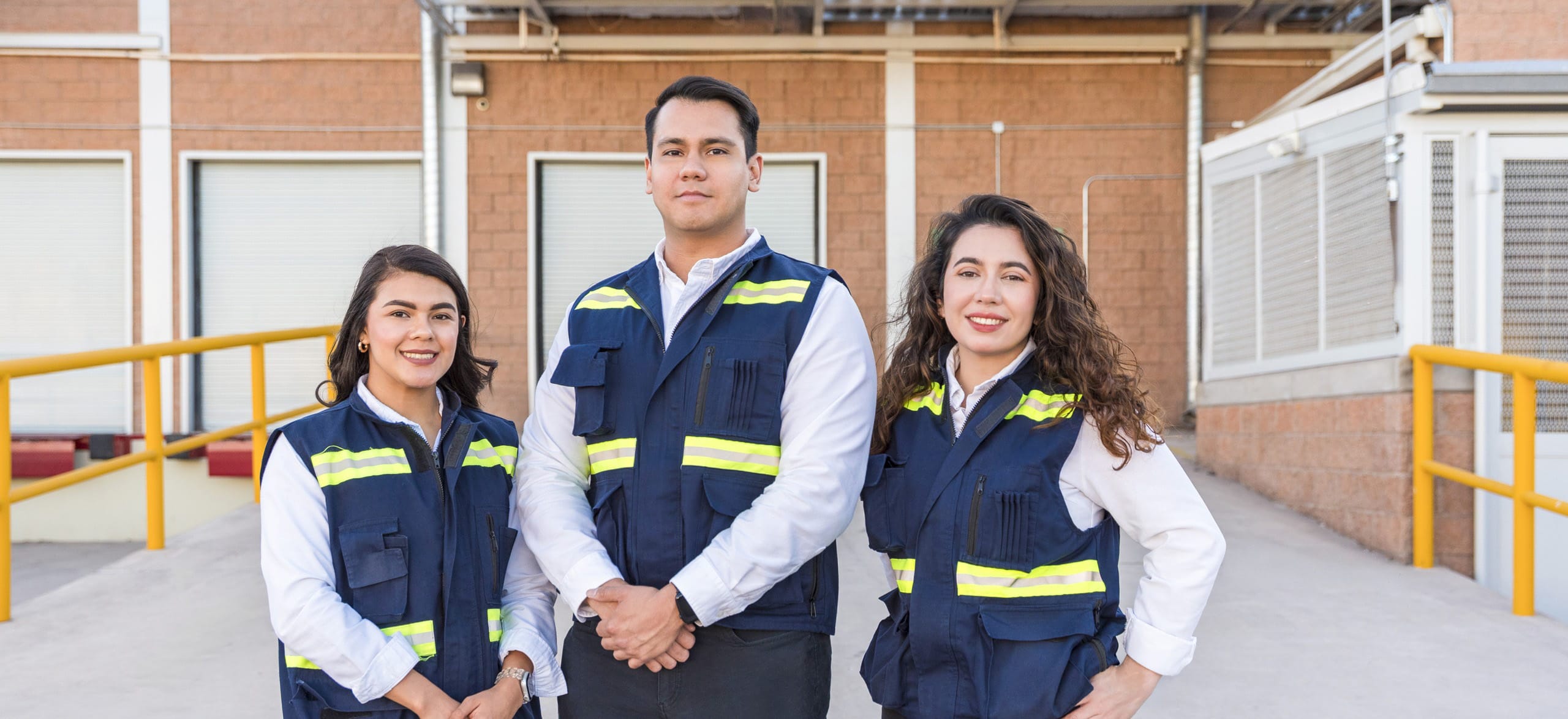 Tetakawi campus team in safety vests standing outside a manufacturing facility, part of the compliance standing already in force on day one in Mexico