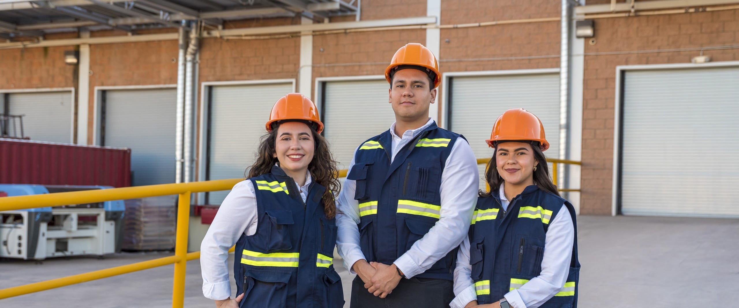 Tetakawi team members in safety vests and hard hats at a manufacturing campus in Mexico, representing EHS compliance support