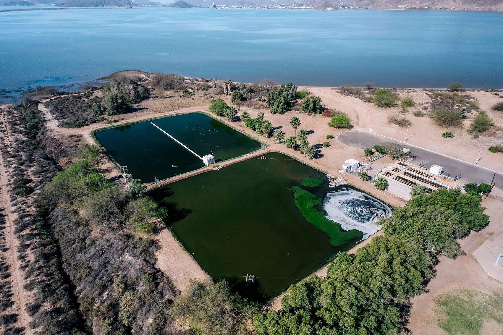 Aerial view of water treatment ponds beside a bay and desert shoreline, environmental responsibility in Mexico | Tetakawi