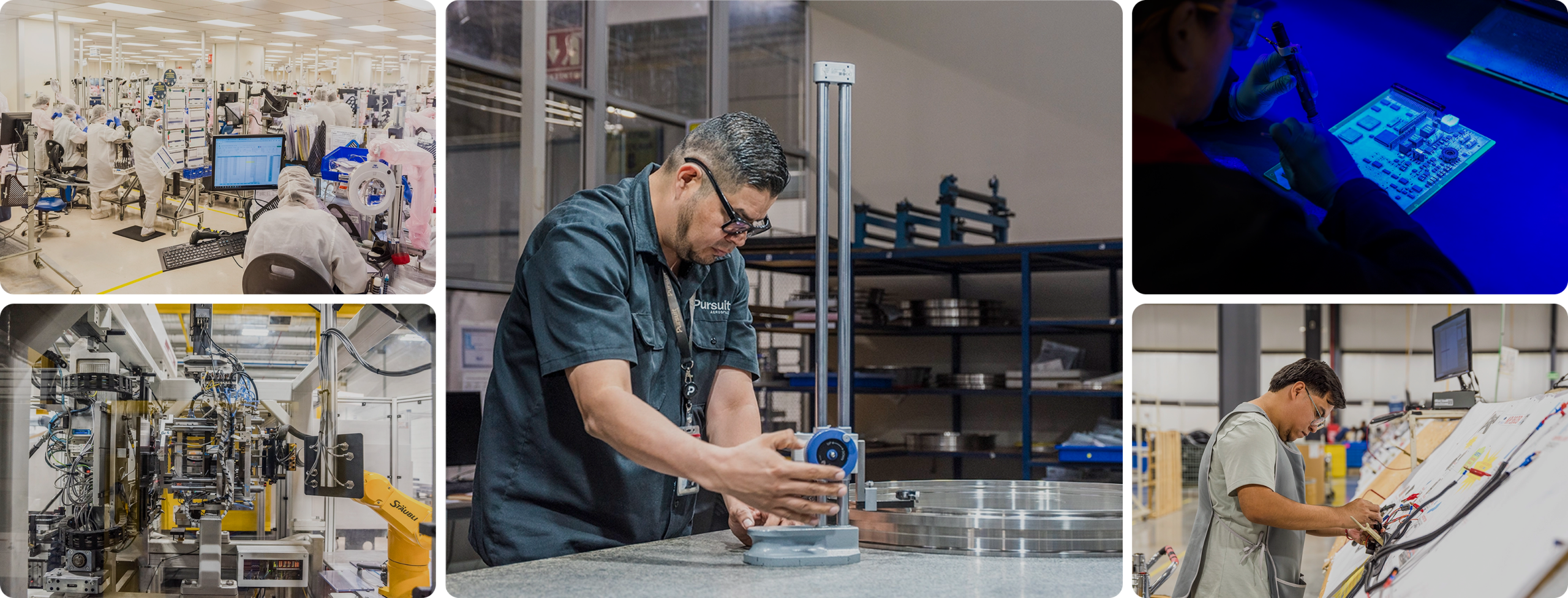 Collage of manufacturing in Mexico: cleanroom assembly, automation, precision measuring and wire harness work | Tetakawi