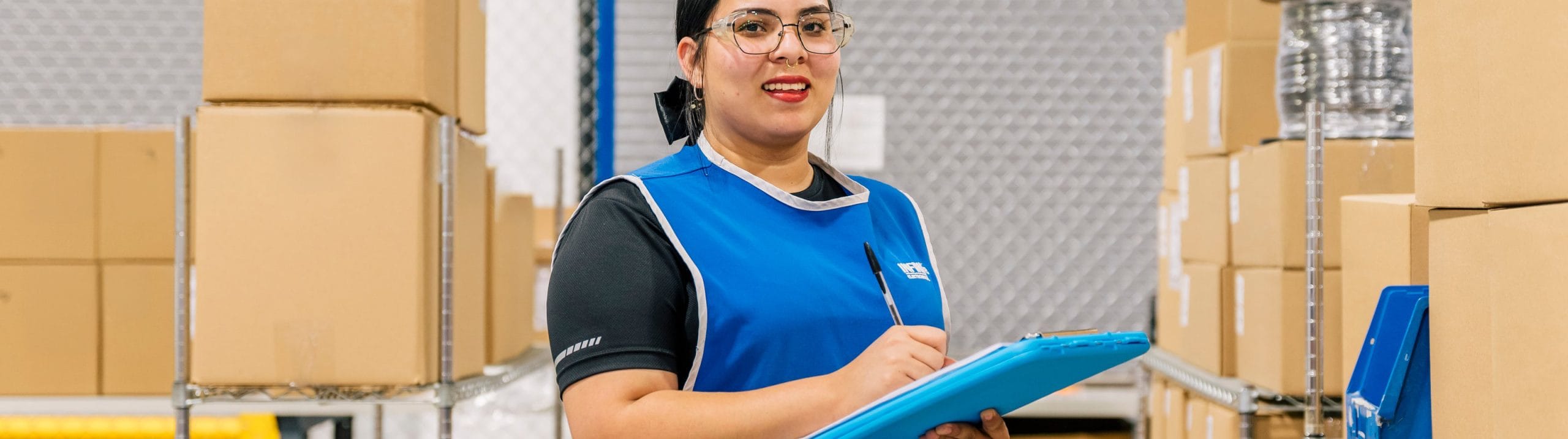 Team member in a blue vest records inventory on a clipboard beside stocked shelves at a plant in Mexico | Tetakawi