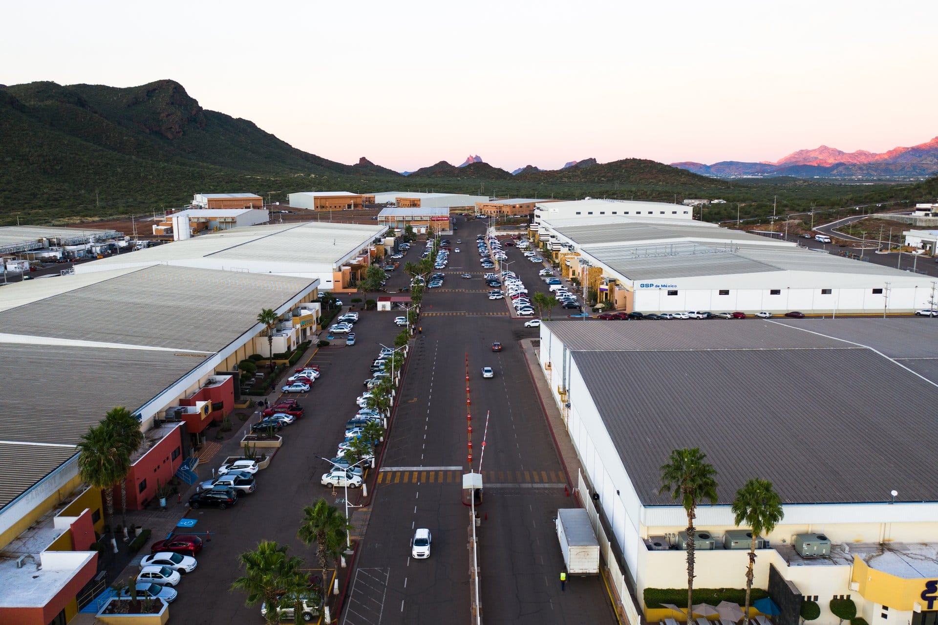 Aerial view at sunset of a manufacturing park in Sonora, Mexico, including the GSP de Mexico facility | Tetakawi